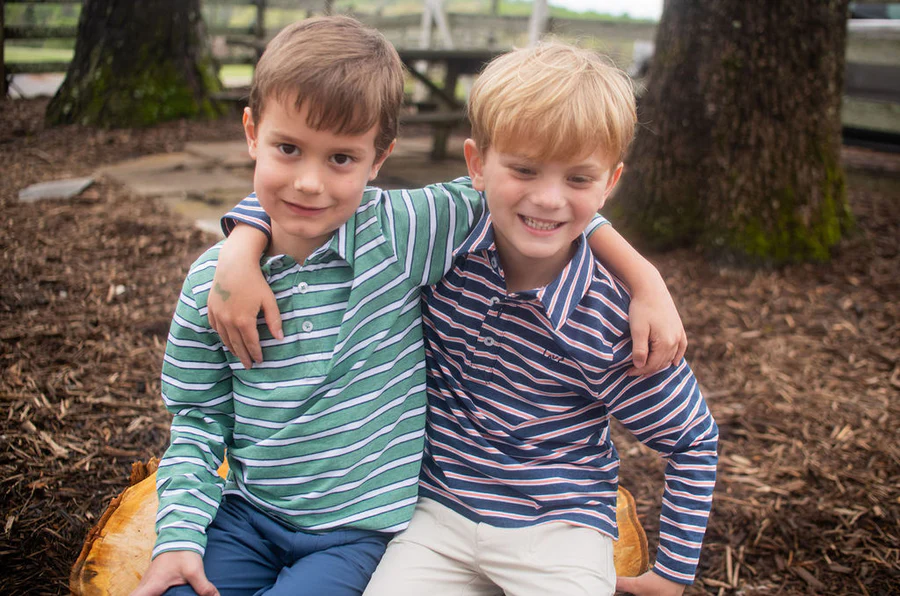 Boys Long Sleeve Too Cool for School Cotton Polo in Dark Denim and Green Spruce Stripe