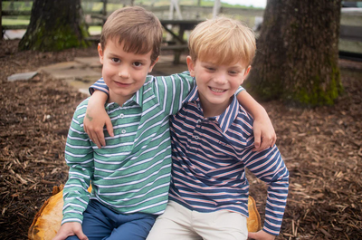 Boys Long Sleeve Too Cool for School Cotton Polo in Dark Denim and Green Spruce Stripe