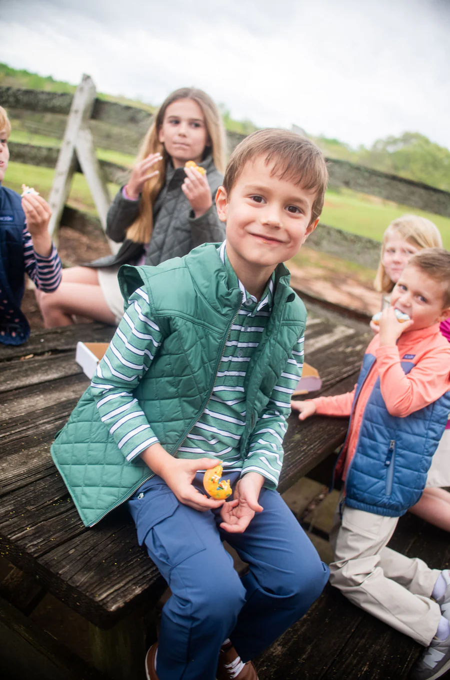 Boys Long Sleeve Too Cool for School Cotton Polo in Dark Denim and Green Spruce Stripe