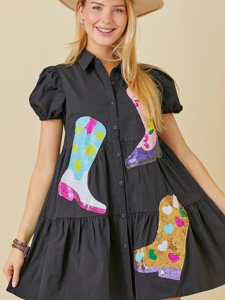 Sequin Boots Patch Solid Dress
