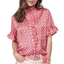 Satin Ruffle Shirt in Pink Pattern