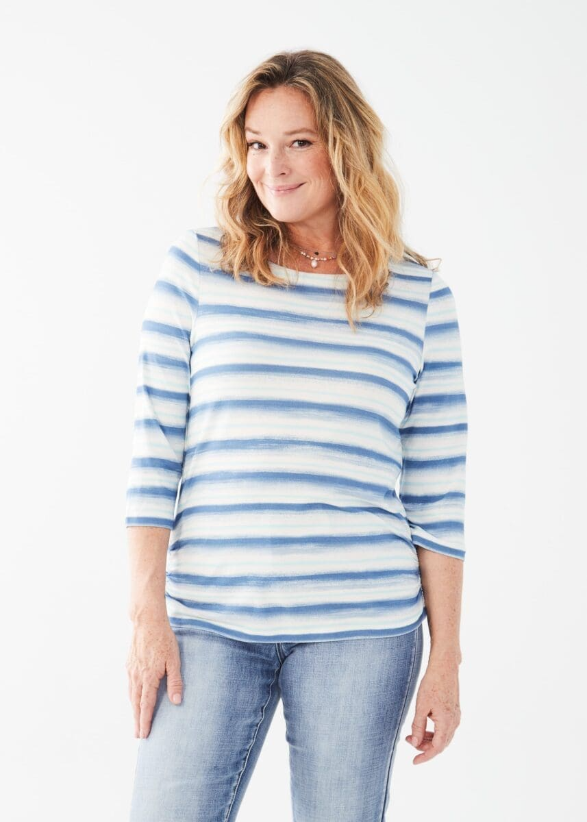 Amoy Striped 3/4 Sleeve Boatneck Top - Blue Lagoon