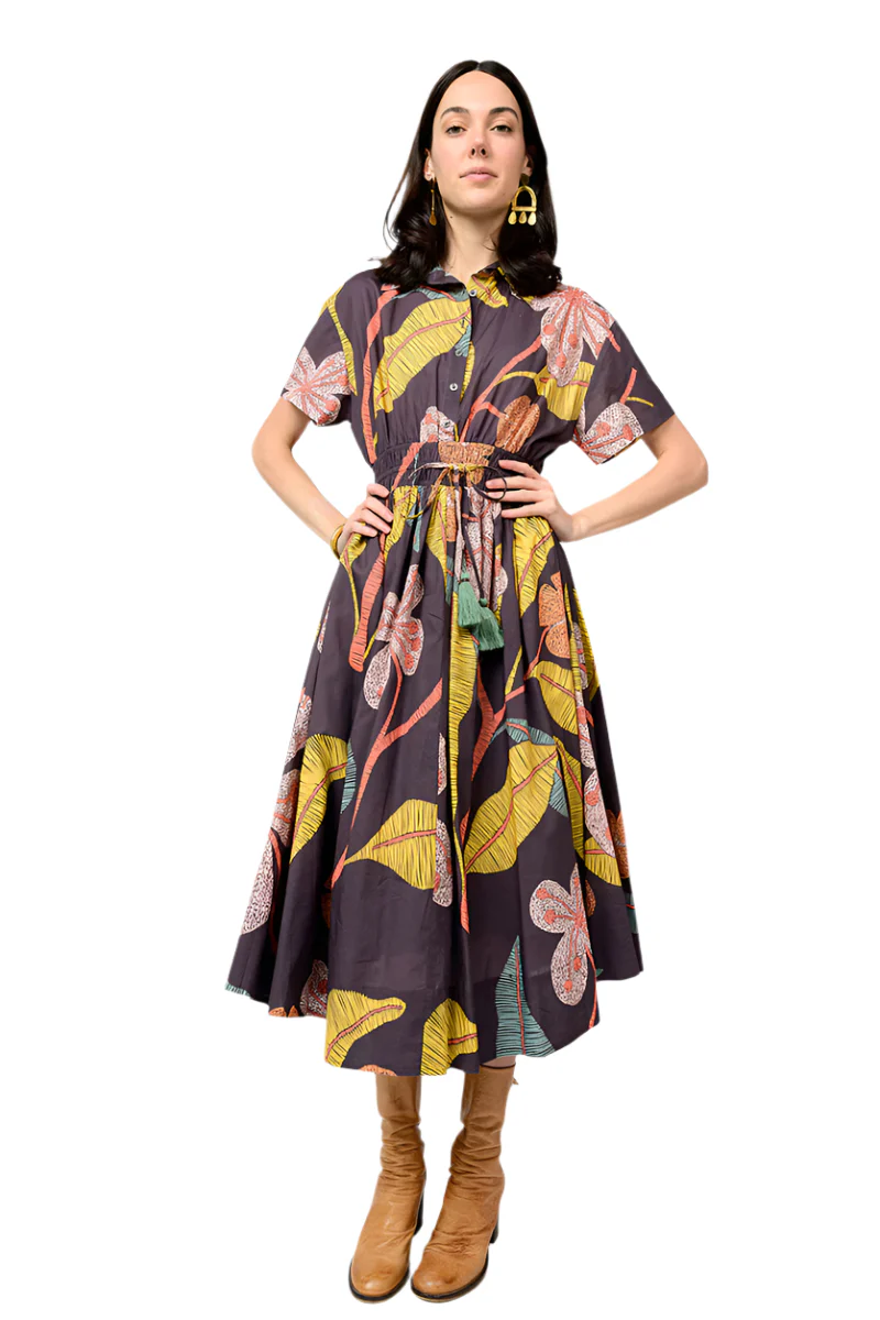 Cinched Waist Shirt Dress - Grey