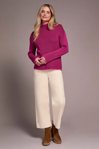 Combed Cotton Two-Tone Rib Funnel Neck Sweater