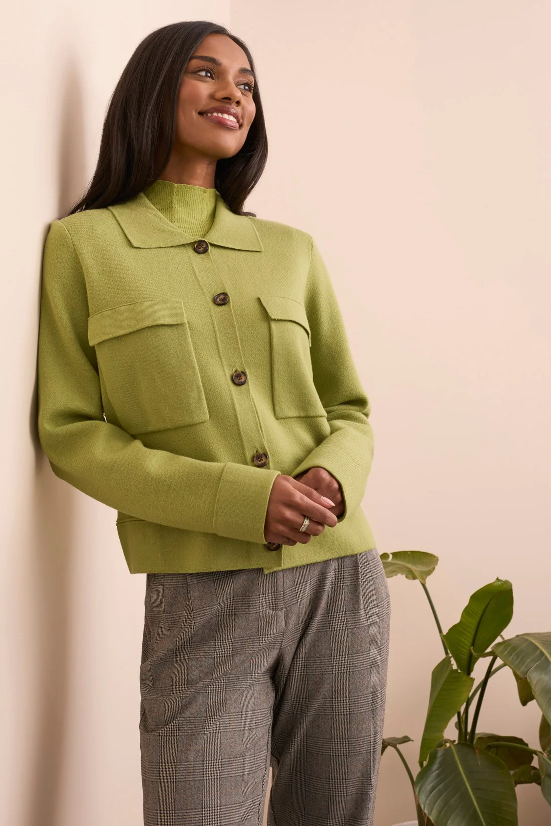 Double Knit Collared Sweater Cardigan - Wasabi
