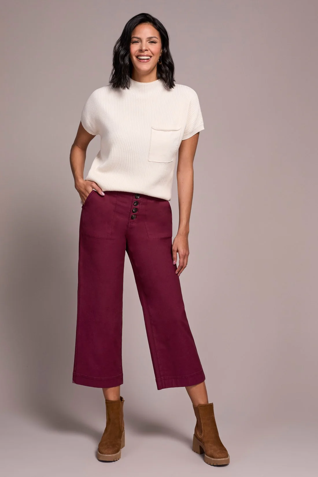 Sophia Curvy Button Fly Wide Leg Crop Jeans - Passion Plum