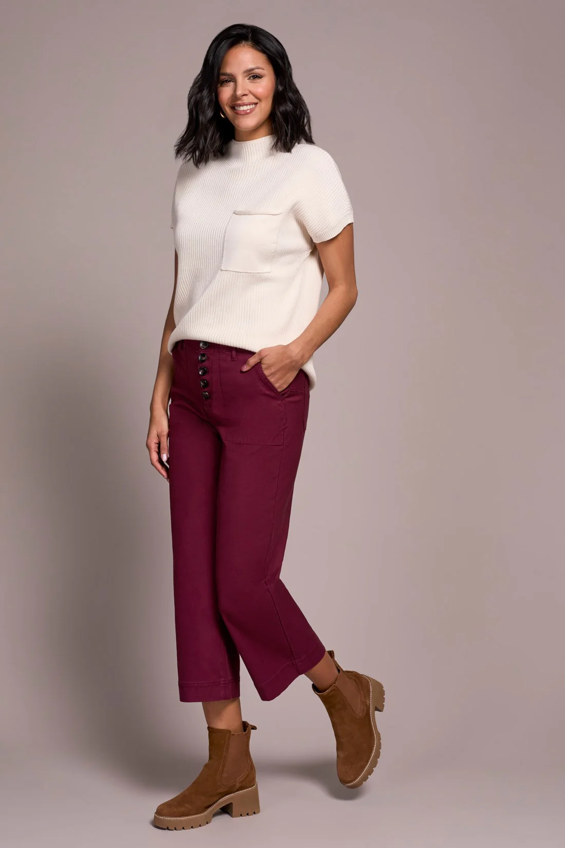 Sophia Curvy Button Fly Wide Leg Crop Jeans - Passion Plum