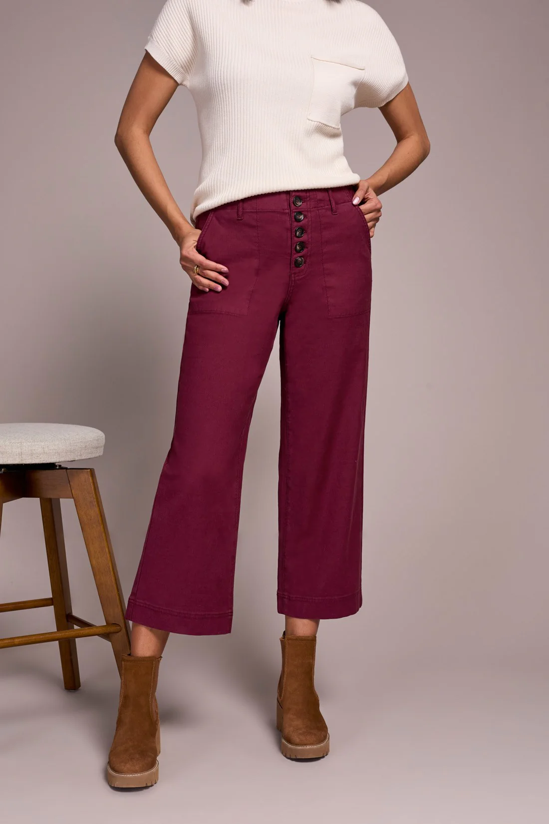 Sophia Curvy Button Fly Wide Leg Crop Jeans - Passion Plum