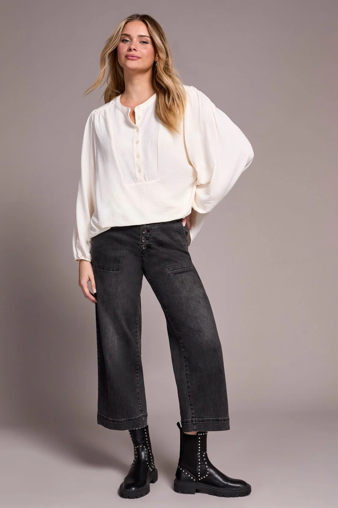 Airflow Long Sleeve Mandarin Collar Blouse - Eggshell