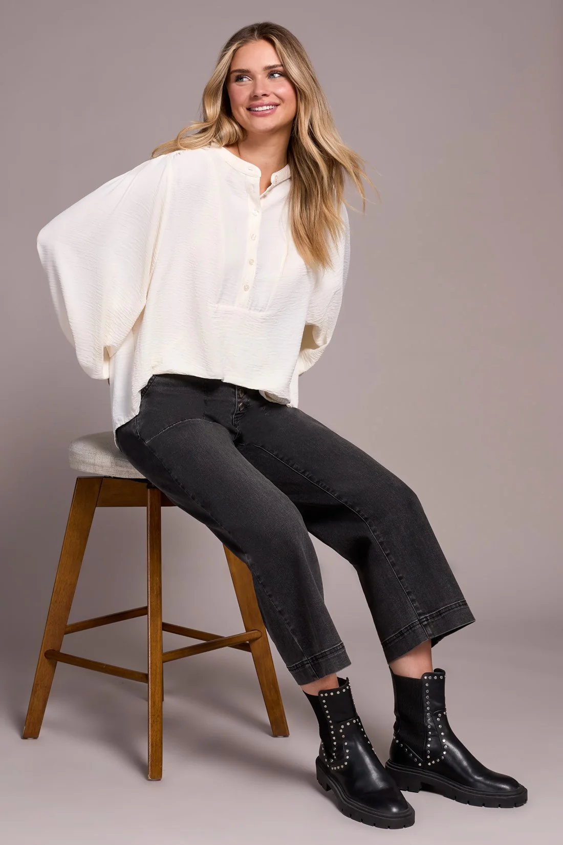 Airflow Long Sleeve Mandarin Collar Blouse - Eggshell