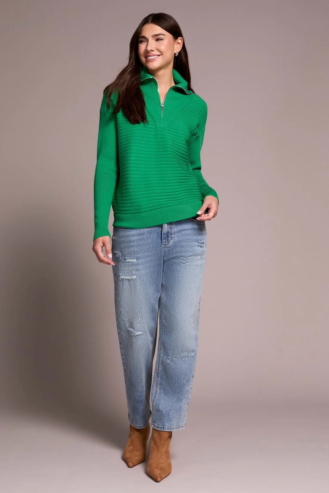Soft Zip-Up V-Neck Sweater - Fieldgreen