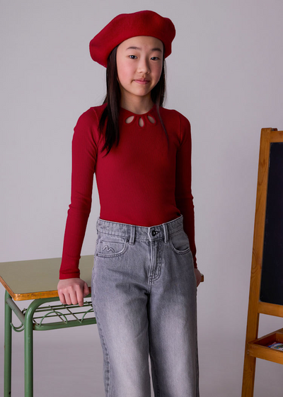 Girl Rib Knit T-Shirt - Red
