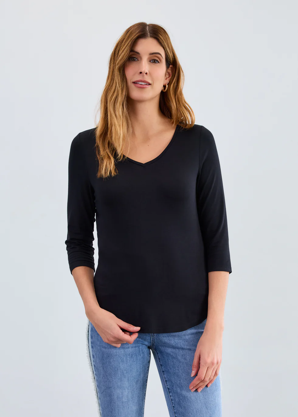 3/4 Sleeve V-Neck Top, Black