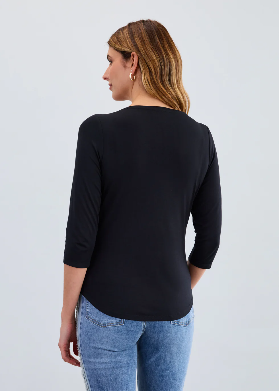 3/4 Sleeve V-Neck Top, Black