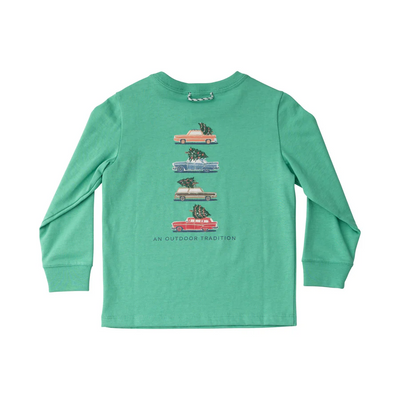 Kid's Long Sleeve Cotton T-shirt in Holiday Green with Vintage Cars and Christmas trees