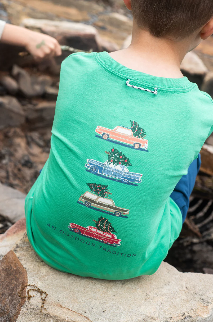 Kid's Long Sleeve Cotton T-shirt in Holiday Green with Vintage Cars and Christmas trees
