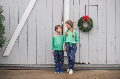 Kid's Long Sleeve Cotton T-shirt in Holiday Green with Vintage Cars and Christmas trees