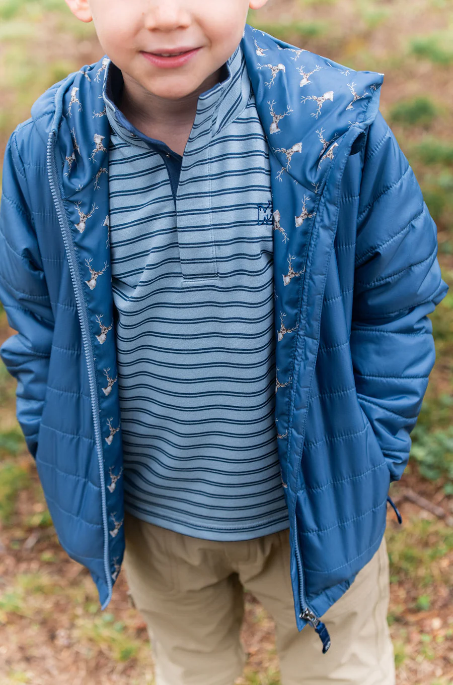 Boys Hooded Puffer Jacket in Faded Blue with Deer Head Printed Liner