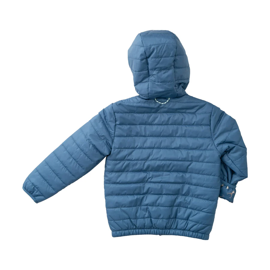 Boys Hooded Puffer Jacket in Faded Blue with Deer Head Printed Liner