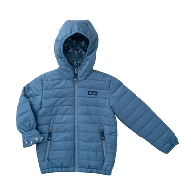 Boys Hooded Puffer Jacket in Faded Blue with Deer Head Printed Liner