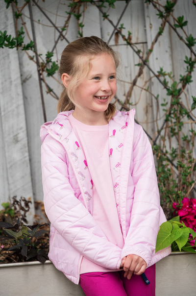 Girls Hooded Puffer Jacket in Pink Tulle with Cowboy Boot Print Liner