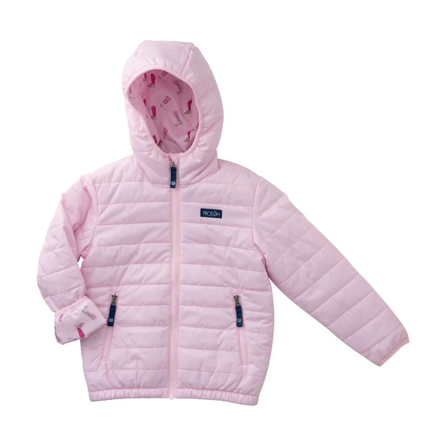 Girls Hooded Puffer Jacket in Pink Tulle with Cowboy Boot Print Liner