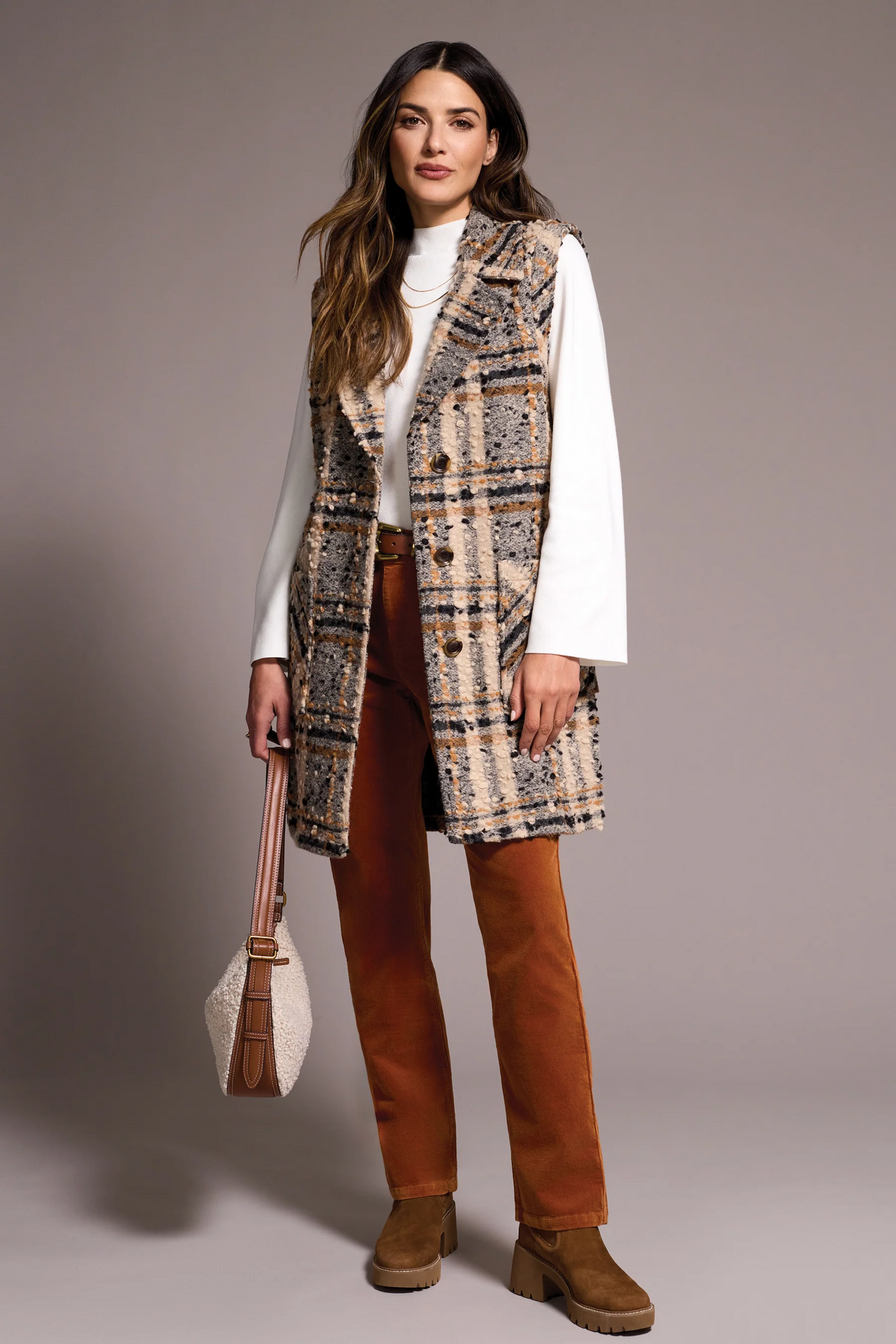 Textured Plaid Wide Notch Collar Long Vest
