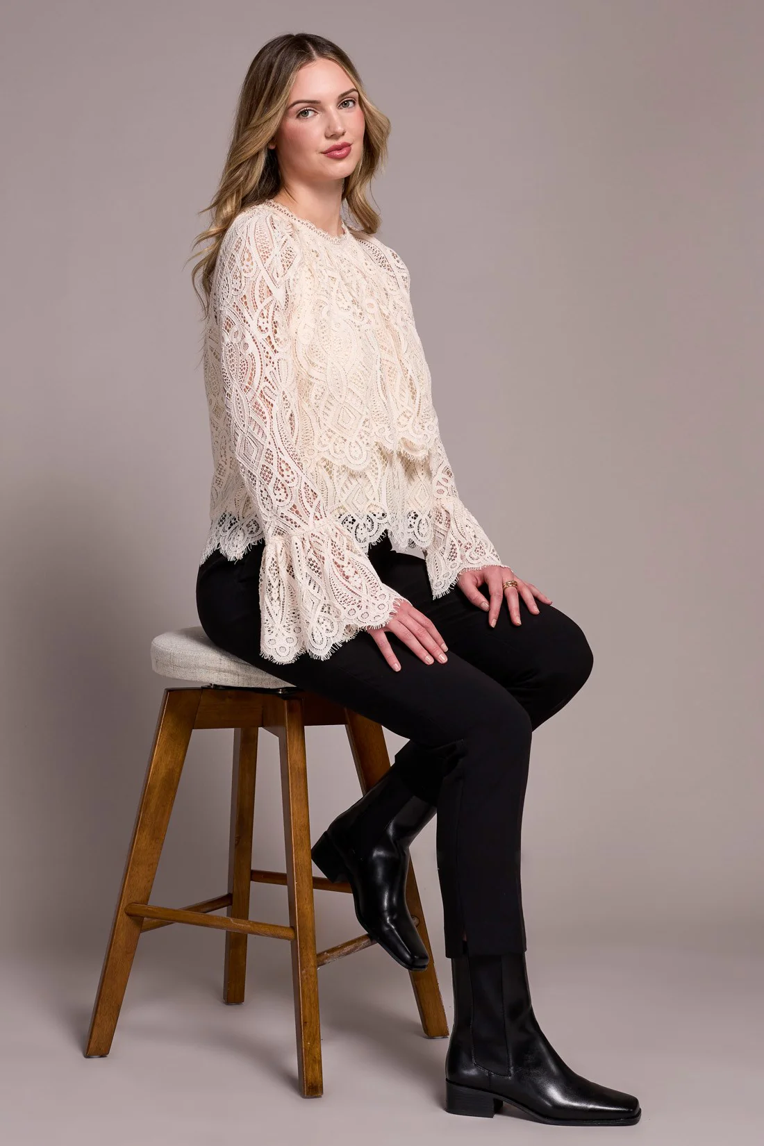 Lace Crew Neck Blouse With Lined Body