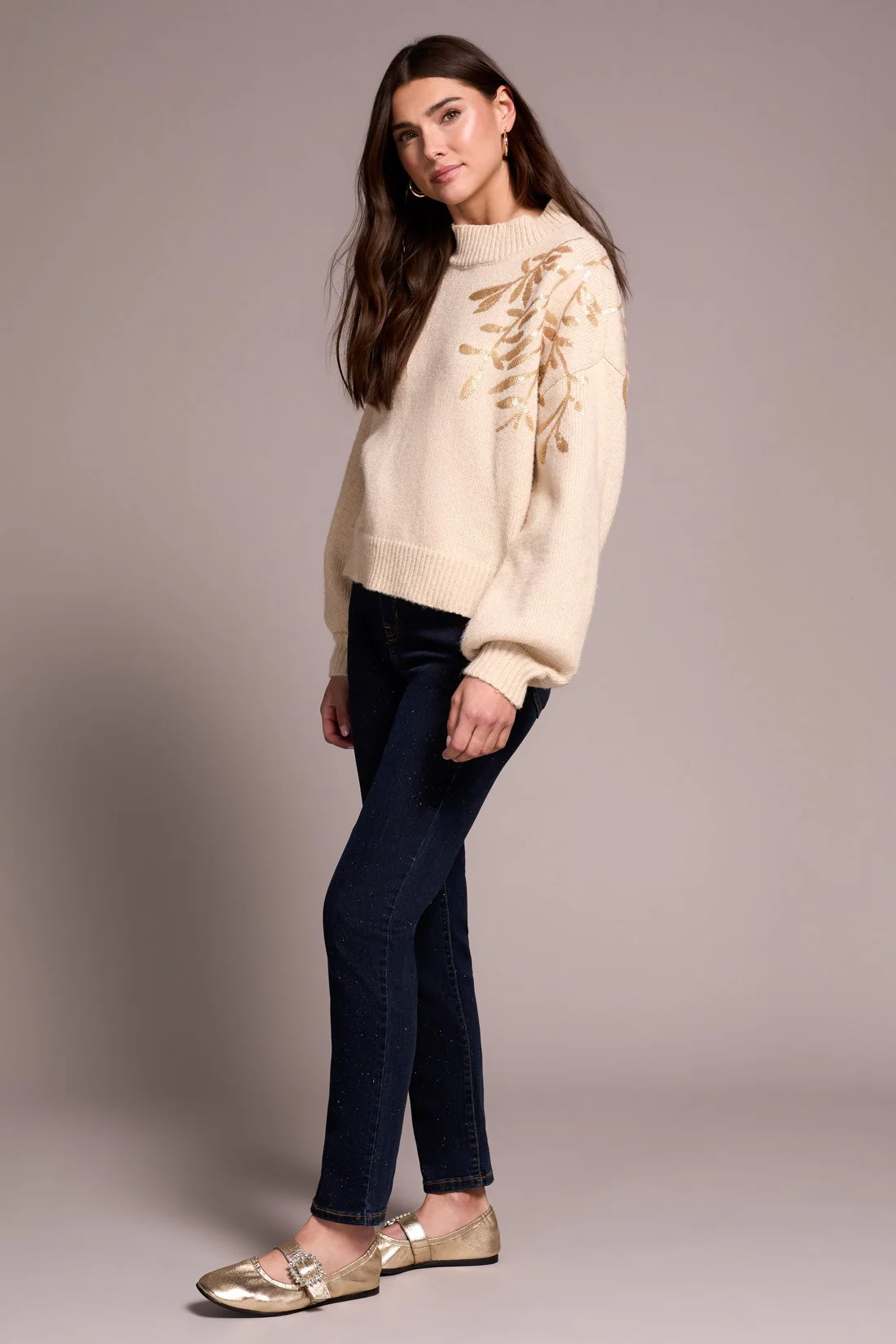 Sequin Floral Applique Mock Neck Sweater