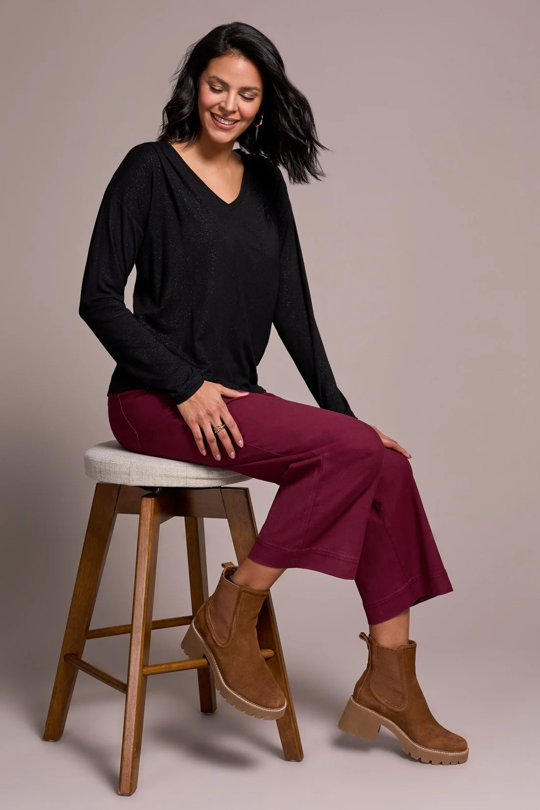 Soft Shine Effect V-Neck Drop Shoulder Top