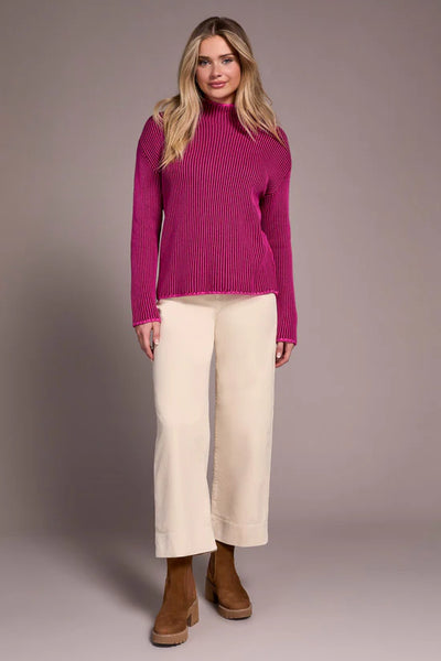 Combed Cotton Two-Tone Rib Funnel Neck Sweater