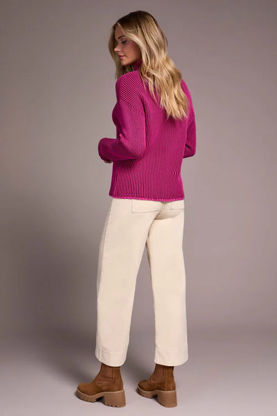 Combed Cotton Two-Tone Rib Funnel Neck Sweater