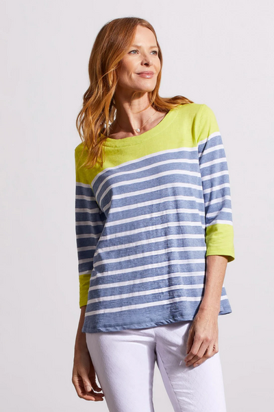 PRINTED COTTON BOATNECK TOP WITH COLOR BLOCK