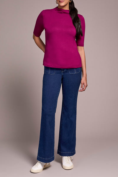 Funnel Neck Elbow Sleeve Knit Top