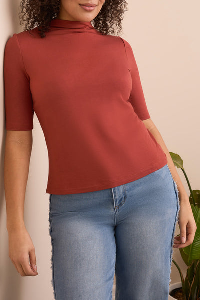 Funnel Neck Elbow Sleeve Knit Top