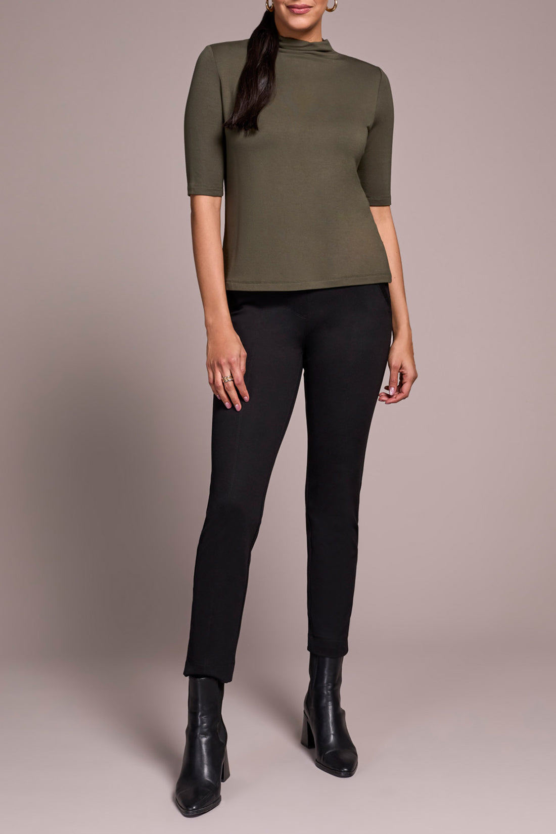 Funnel Neck Elbow Sleeve Knit Top