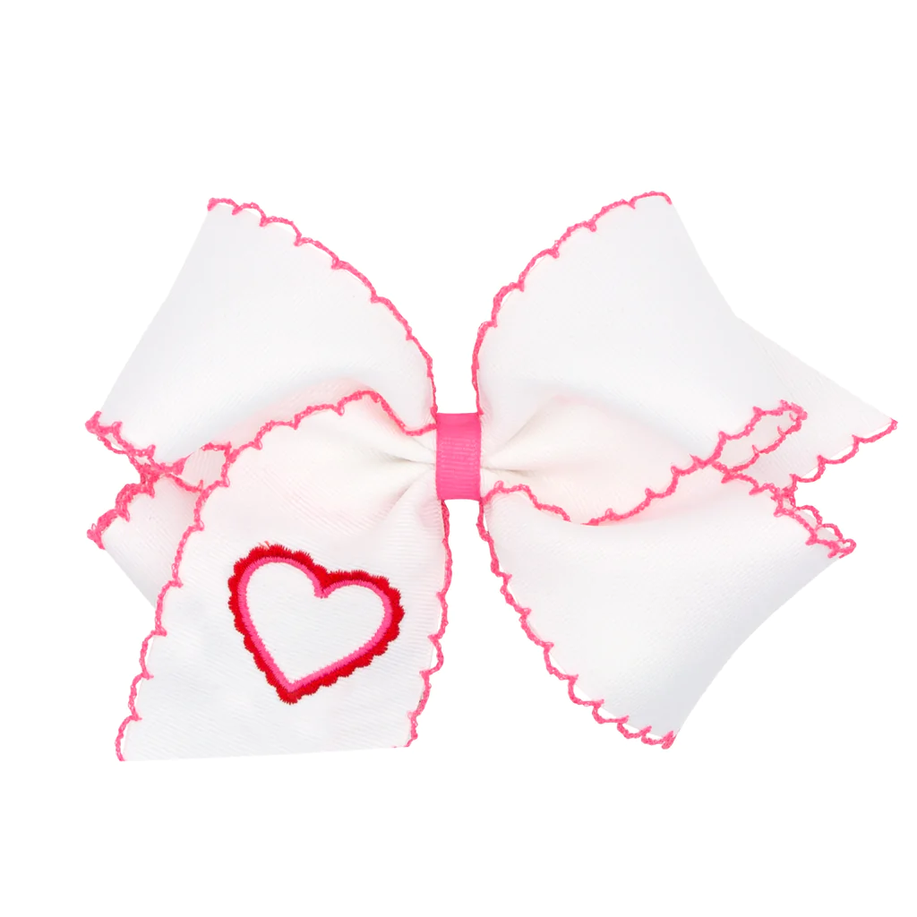 King Size Grosgrain Moonstitch Girls Hair Bow with Embroidered Heart