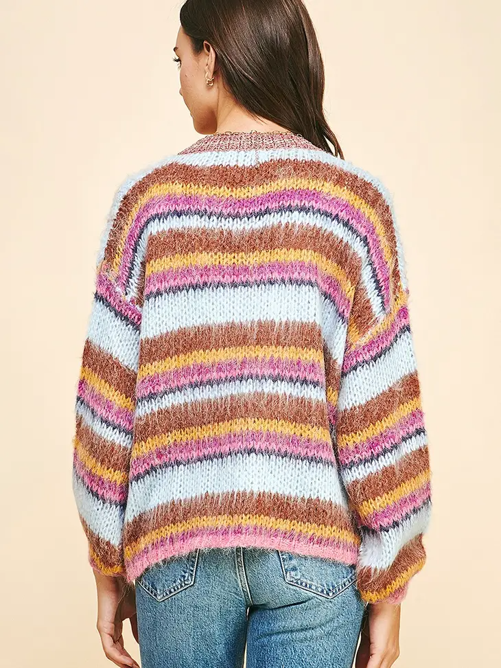 Multi Stripe Sweater Cardigan - Brown Multi Stripe