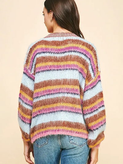 Multi Stripe Sweater Cardigan - Brown Multi Stripe