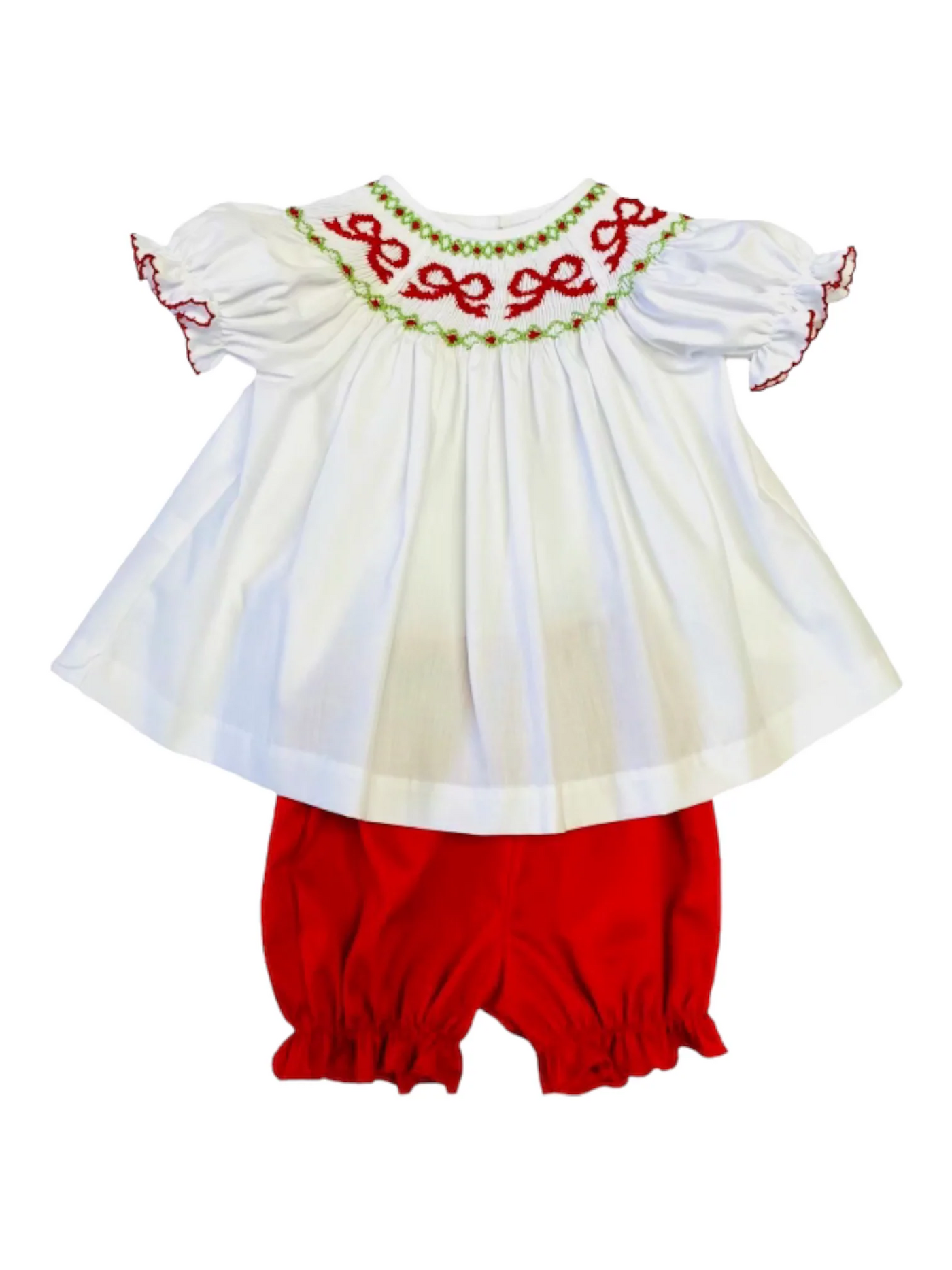 Emma Bloomer Set with Smocked Red Bows
