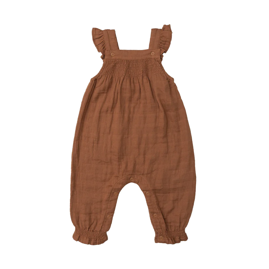 ORGANIC COTTON MUSLIN SMOCKED FRONT COVERALL - CARAMEL CAFE